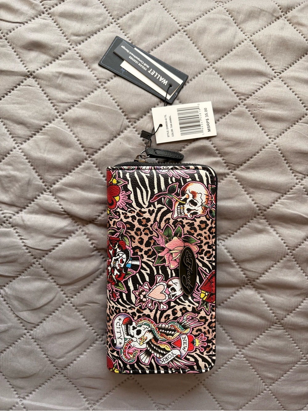 Ed Hardy Pink Multi-Print Zip Wallet with Skull & Floral Motifs